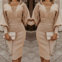 Pure Color High Waist Long Sleeve Knitted Dress