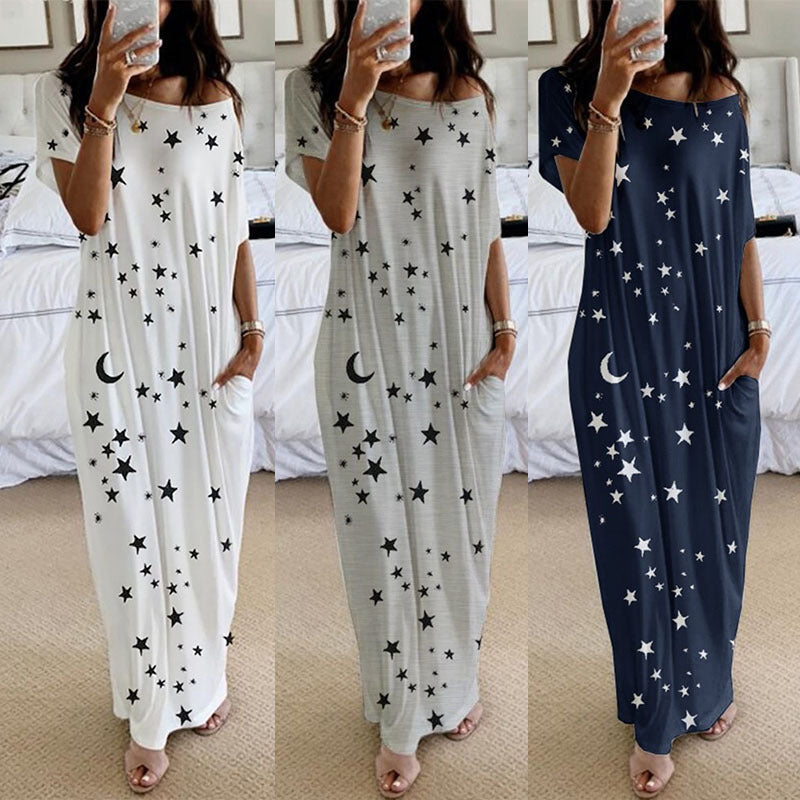 Women's Round Neck Short Sleeve Loose Midi Dress