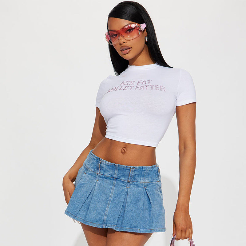 Round Neck Midriff-baring Short Sleeve Letter Midriff-baring Top