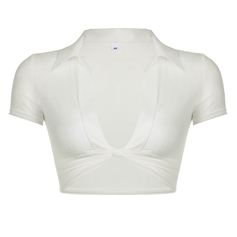 Chiffon See-through Light Lapel Deep V Twisted Super Short Navel Personality Hot Girl Pullover Shirt For Women - Chic Angle