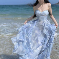 French Blue Strapless Sling Dress Seaside Vacation Draping Effect