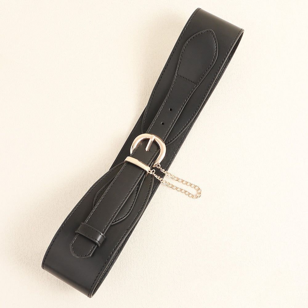 Vintage Women's Belt Black High-grade Metal Chain Pin Buckle Dress Shirt Simple Restraint Waist Wide Waist Seal