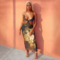 Halterneck Camisole Waist Cutout Print Maxi Dress