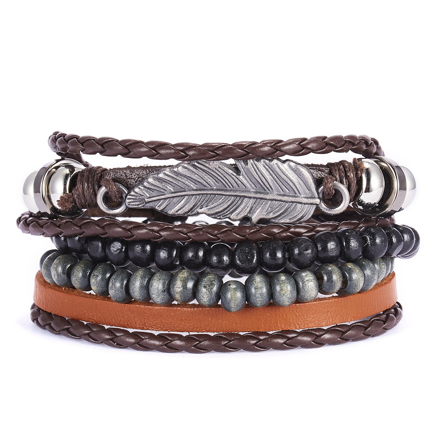 New Men's Leather Suit Creative Leaves Wooden Bead Woven Adjustable Suit Bracelet - Chic Angle