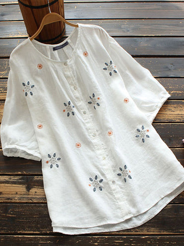 European And American Embroidered Crew Neck Button Short Sleeve - Chic Angle