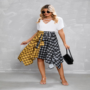 Elegant Irregular Lace-Up Check Midi Skirt
