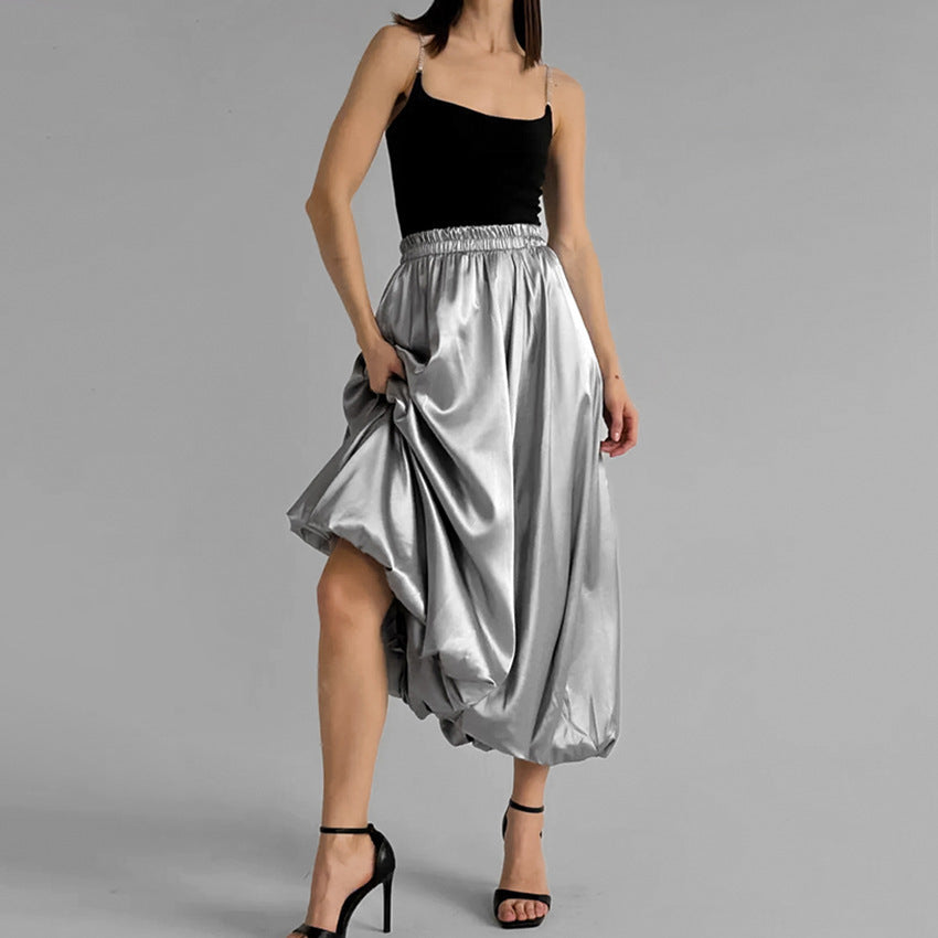 Fashion Silver Bud Skirt European And American Design High Waist A- Line Skirt