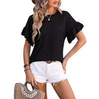 Women's Solid Color Round Neck Ruffled Short Sleeves - Chic Angle