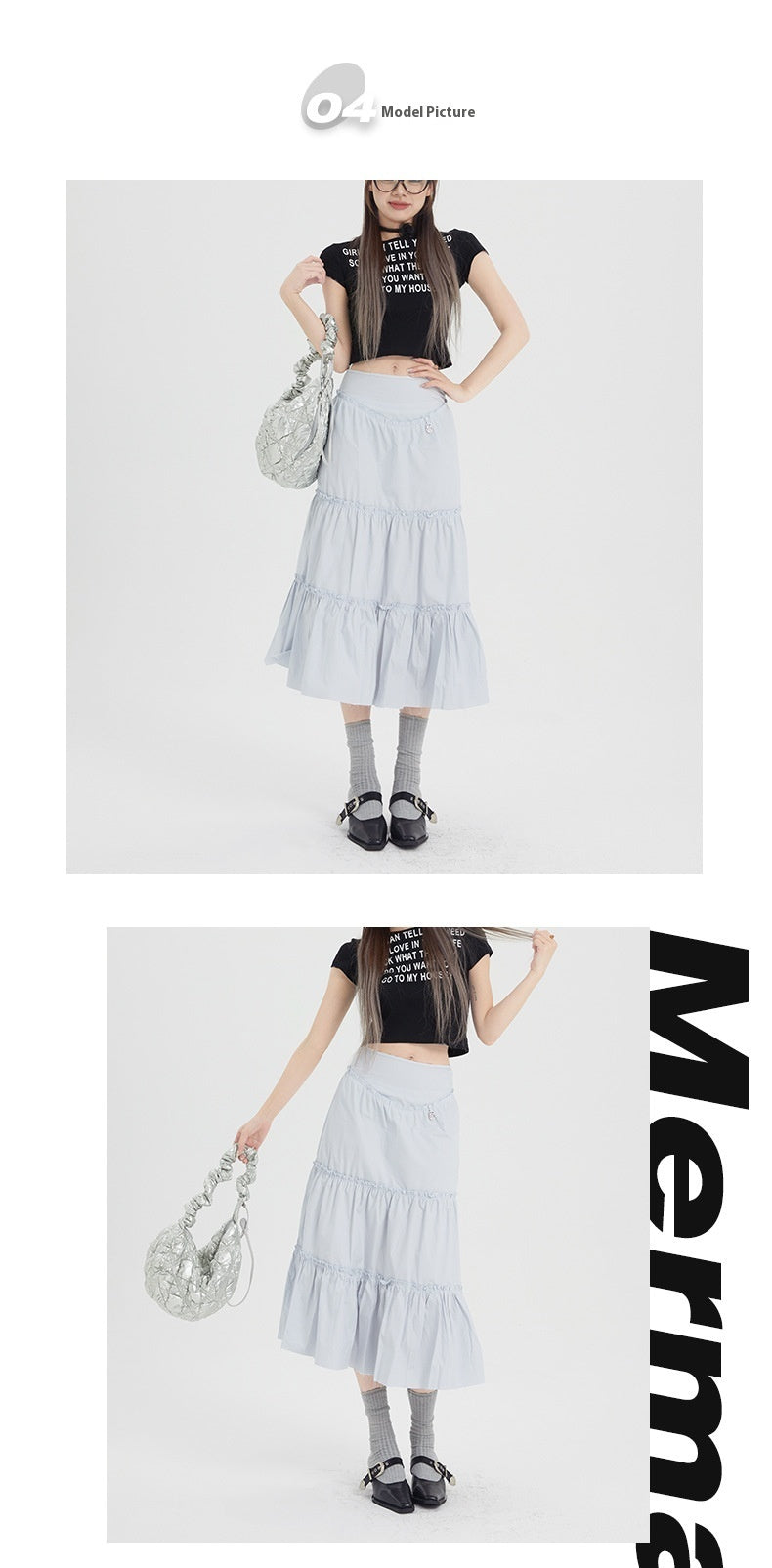 Ice Blue Pleated A- Line Ruffled Tiered Skirt