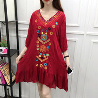 Thin Three-quarter Sleeves Cotton And Linen Mid-length Seaside Holiday Dress
