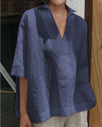V-neck cotton and linen short-sleeved blouse