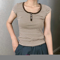 All-match Brown Striped Three-button Slim-fit Short-sleeved T-shirt