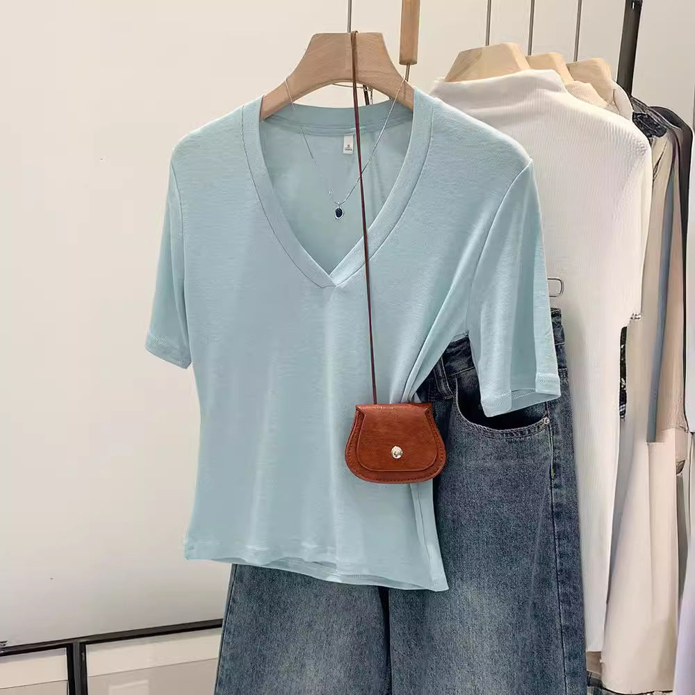 V-neck Shoulder Short-sleeved T-shirt Women's Fashion Small Top