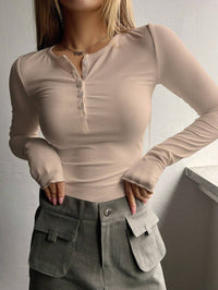 Women's Half Button Threaded Long Sleeve T-shirt - Chic Angle