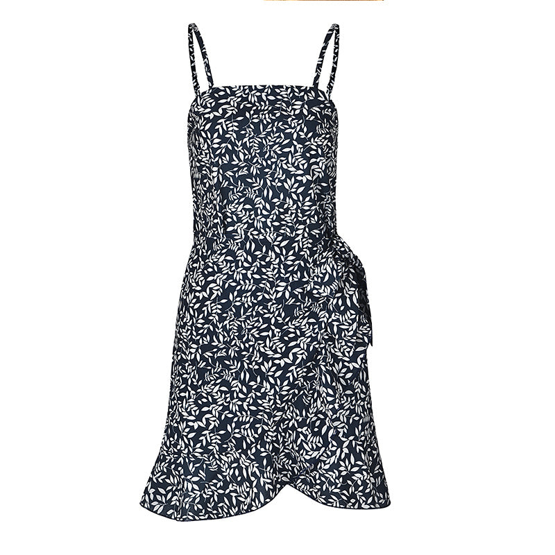 USA SIZE Leaf Print Sling Chiffon Dress Sexy Beach Seaside Vacation Irregular Skirt