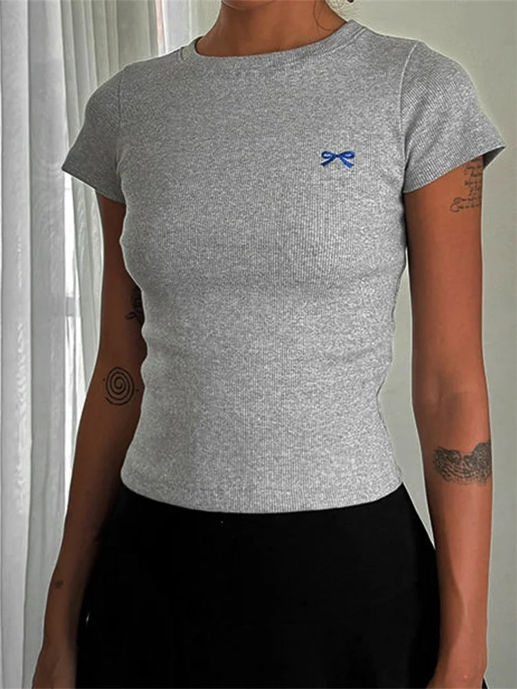 Round Neck Pullover Short Sleeve Butterfly Exquisite Embroidered Top - Chic Angle