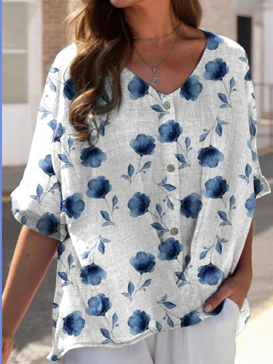 Printed V-neck 5 Points Drop-shoulder Sleeve Cotton And Linen Loose Casual Shirt