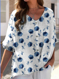Printed V-neck 5 Points Drop-shoulder Sleeve Cotton And Linen Loose Casual Shirt
