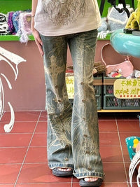 Women's Plus Size Washed Old Tattoo Slightly Flared Jeans