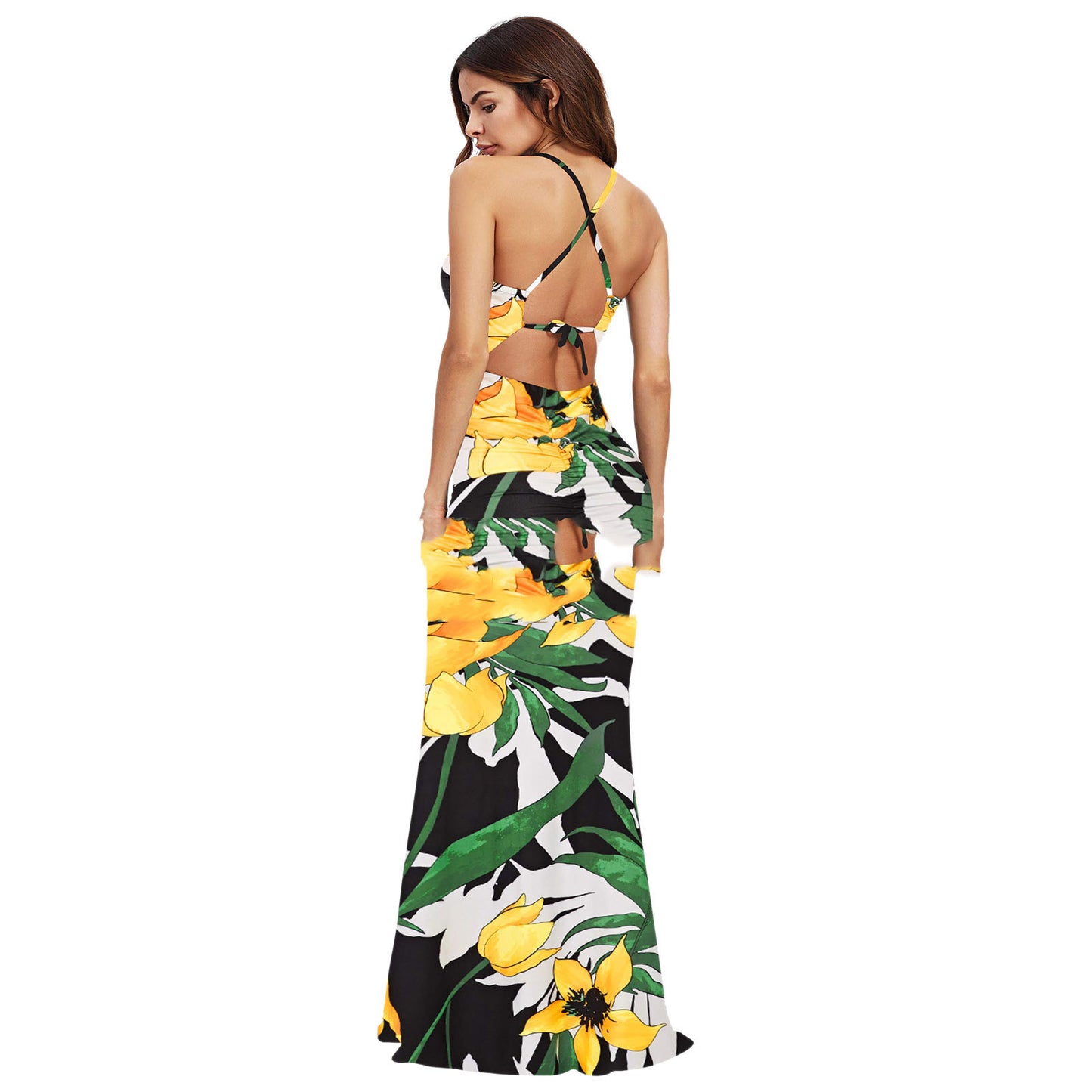 Women's Corset Milk Silk Maxi Suspender Print Dress