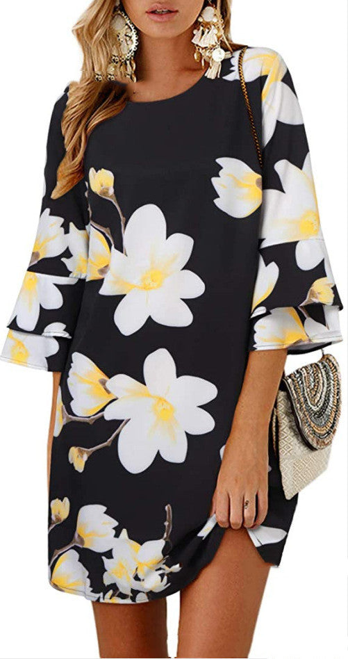 Women's Printed Midi Skirt Loose Waist Round Neck Dress