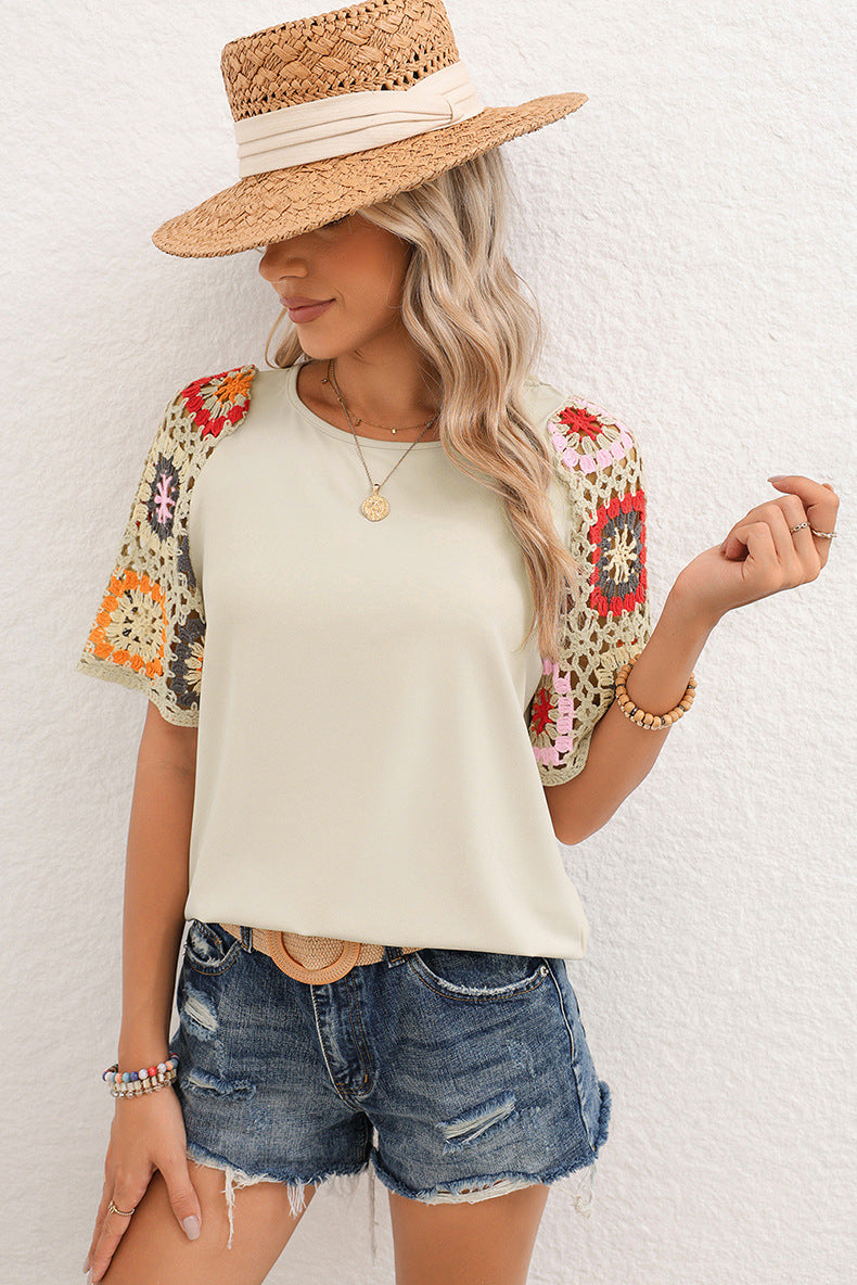 Casual All-match Crocheted Short-sleeved Top - Chic Angle
