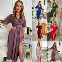 Women's Solid Color And V-neck Lantern Sleeve Waist-tight Maxi Self-tie Slit Dress