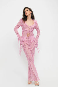 Strappy Lace V-neck Top  Chiffon Printed Dress Suit