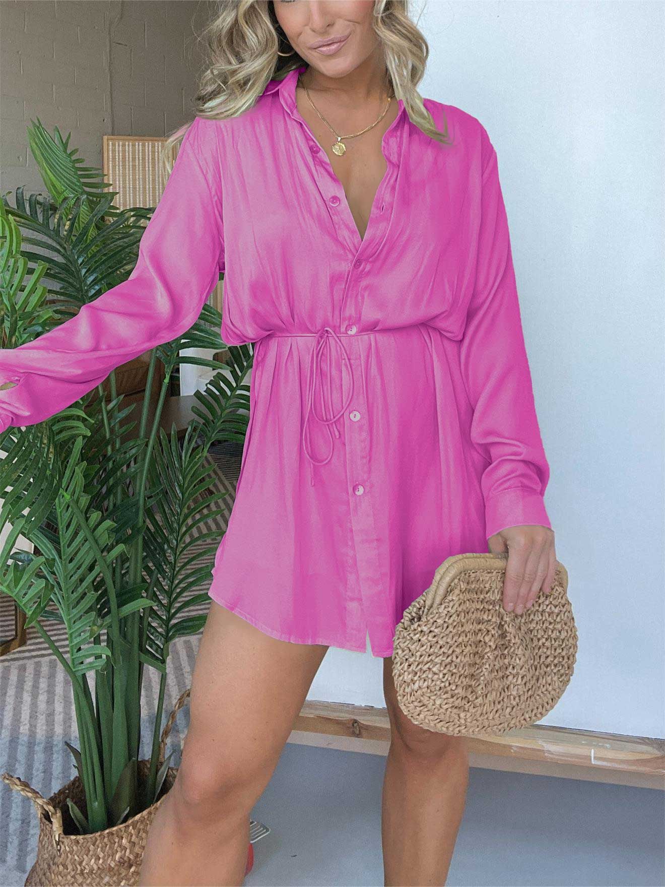 Women's Long Sleeve Jumpsuit With Button Fashion Shirt Dress - Chic Angle
