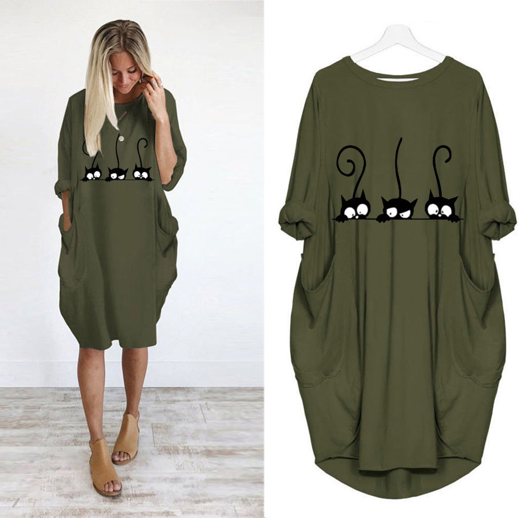 Autumn and winter long-sleeved loose print dress