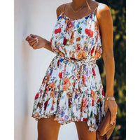 Summer Vacation Botanical Floral Print Belted Polyester Dress
