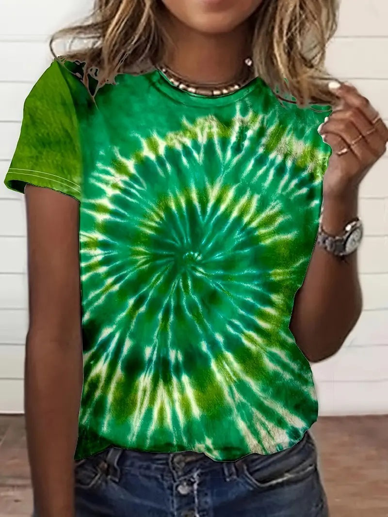 Spring And Summer Tie-dye Casual Round Neck Short Sleeves - Chic Angle