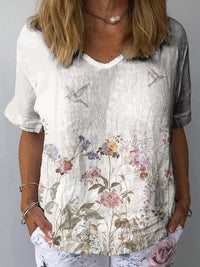 3d Printed V-neck Loose Women's T-shirt Short Sleeve - Chic Angle
