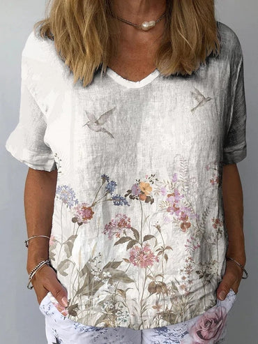 3d Printed V-neck Loose Women's T-shirt Short Sleeve - Chic Angle