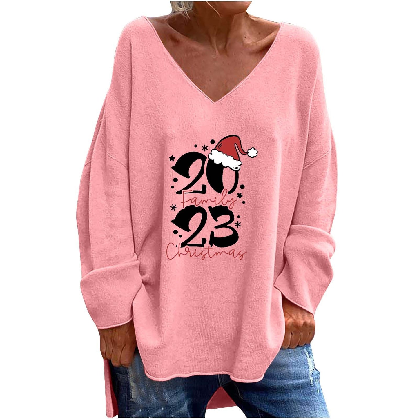 Women's Solid Color And V-neck Loose Casual Long Sleeves Top