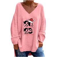 Women's Solid Color And V-neck Loose Casual Long Sleeves Top