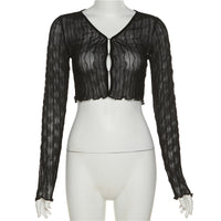 Women's Pure Color Mesh Cardigan Long Sleeve Short T-shirt - Chic Angle