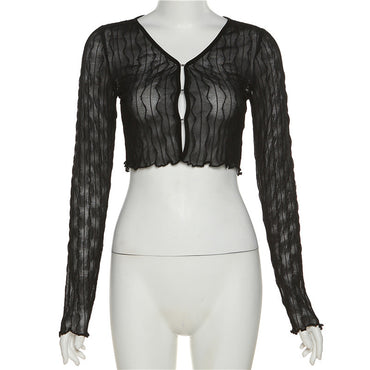 Women's Pure Color Mesh Cardigan Long Sleeve Short T-shirt - Chic Angle