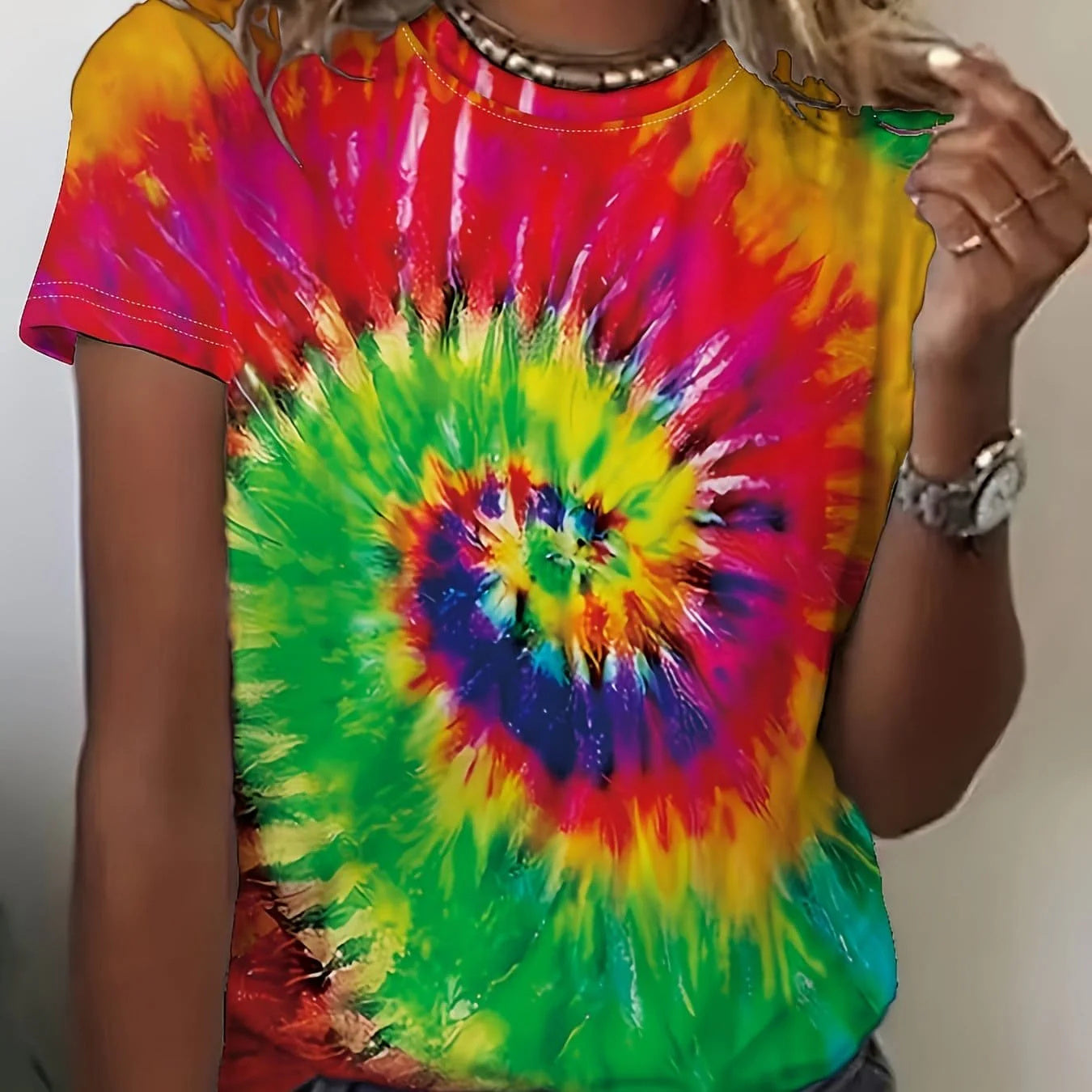 Round Neck Women's Cotton-like Short-sleeved Tie-dye T-shirt - Chic Angle