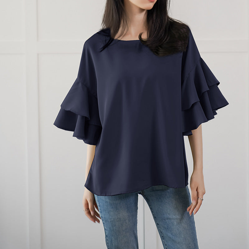 Women's Double-layer Ruffle Sleeve Round Neck Shirt