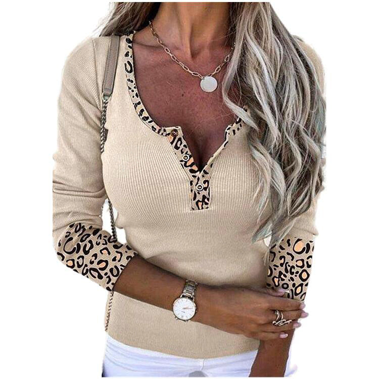 Leopard Splicing V-neck Buttons Top Sexy Slim Fit T-shirt