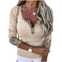 Leopard Splicing V-neck Buttons Top Sexy Slim Fit T-shirt