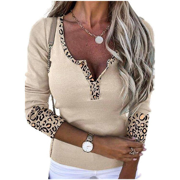 Leopard Splicing V-neck Buttons Top Sexy Slim Fit T-shirt