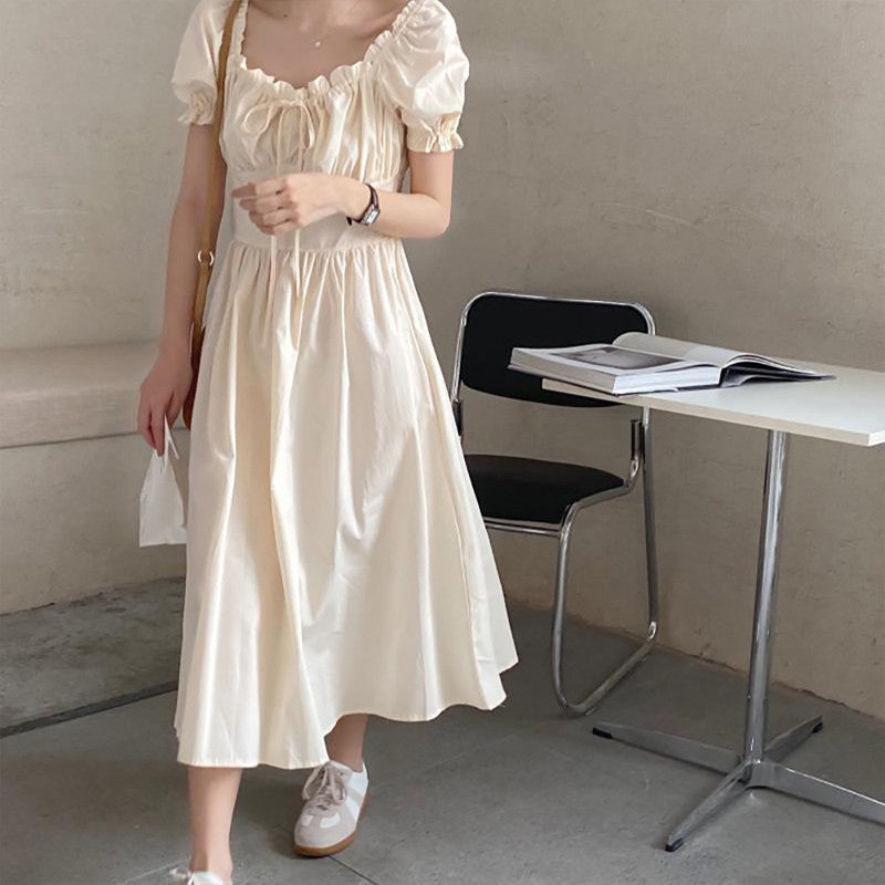 Square Collar Design Sense Waist Slimming Knee-length Skirt