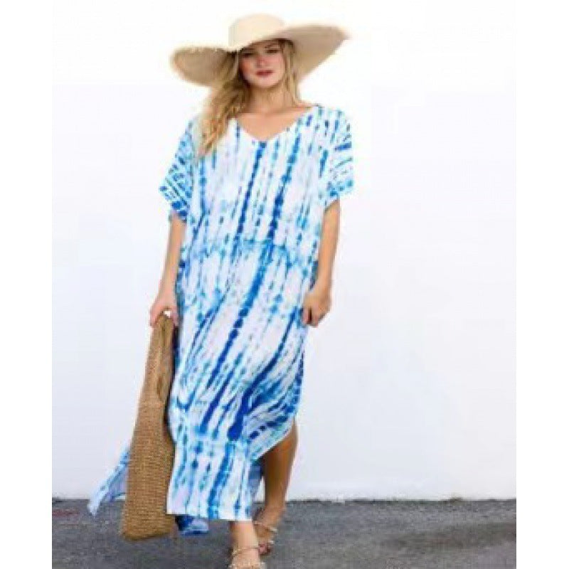 Rayon Printed Blooming Loose Vacation Robe Beach Dress Bikini Sun Protection Shirt