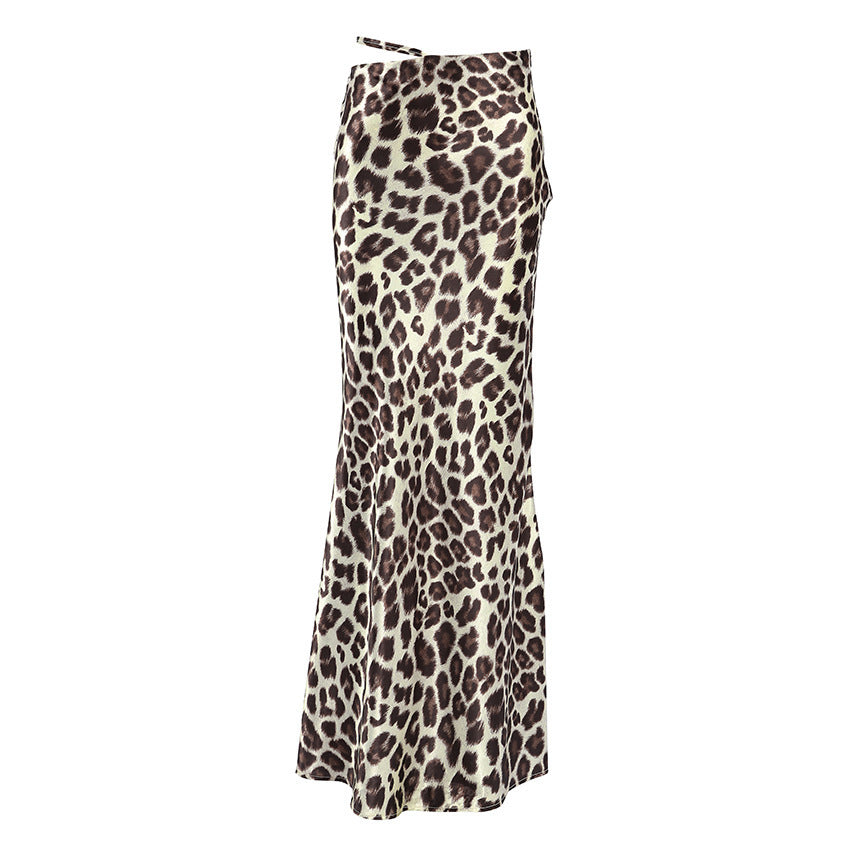 Leopard-print Sheath Fishtail Skirt Commuter High Waist Satin Mopping Dress