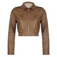 Women's Retro Hong Kong Style Lapel Long-sleeved Leather Jacket