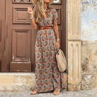 Bohemian Style Waist Trimming Printing Maxi Dress