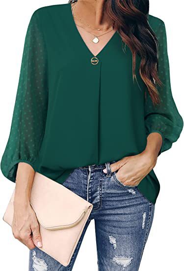 Women's Puff Sleeve V-neck Long Sleeve Shirt - Chic Angle