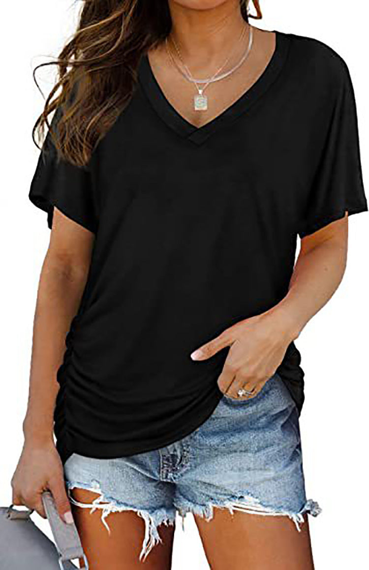 European And American T-shirt Solid Color Casual Loose-fitting V-neck Top - Chic Angle